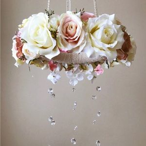 Floral mobile with Swarovski crystals, Crib mobile, Vintage inspired decoration
